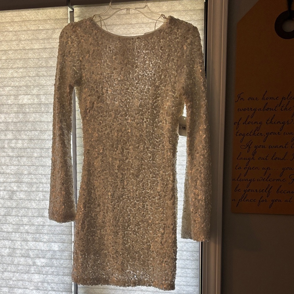 Altar'd State Cream Long Sleeve Sequin Dress
